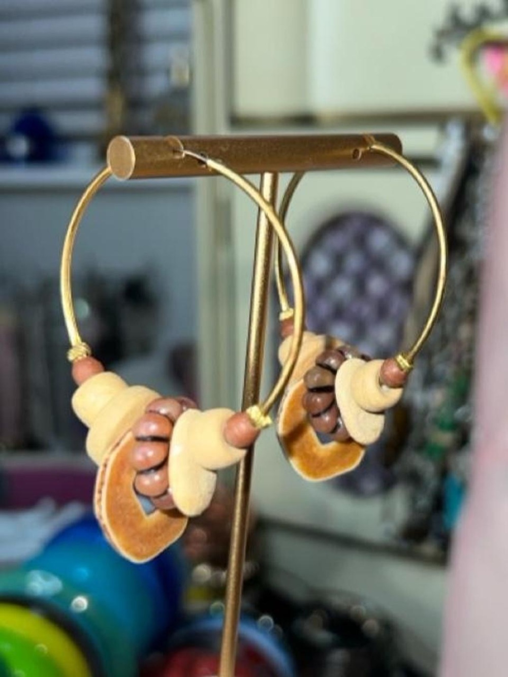 Handmade wooden Beige and Brown Hoop Earrings